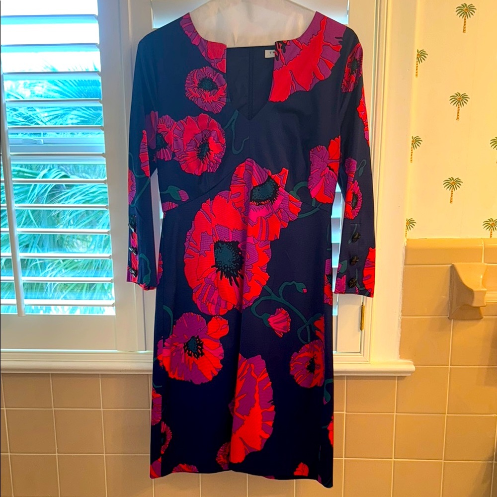 Trina Turk Red and Black Sheath Dress with 3/4 Cuffed Sleeves